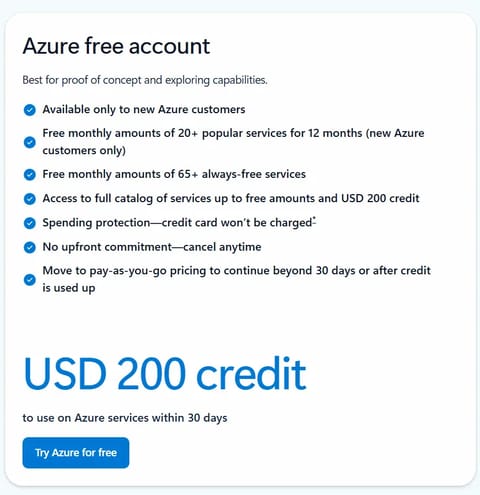 Microsoft Azure Free Tier: $200 Credit for 30 Days proof screenshot 1
