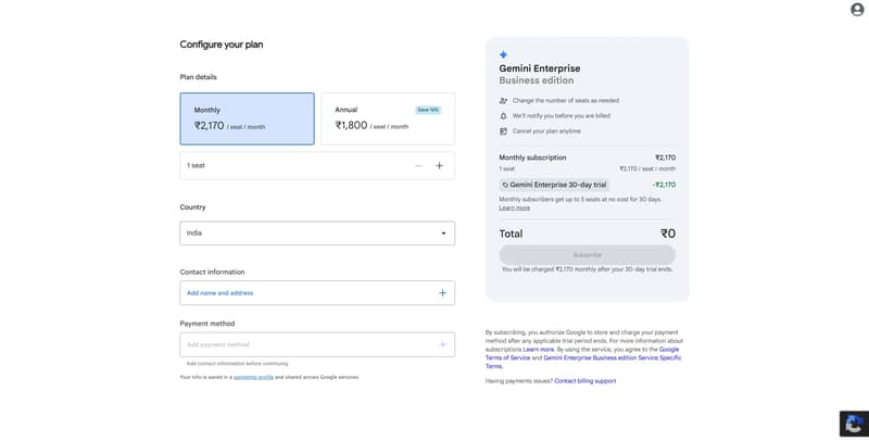 gemini business enterprise edition requires credit card detail.png